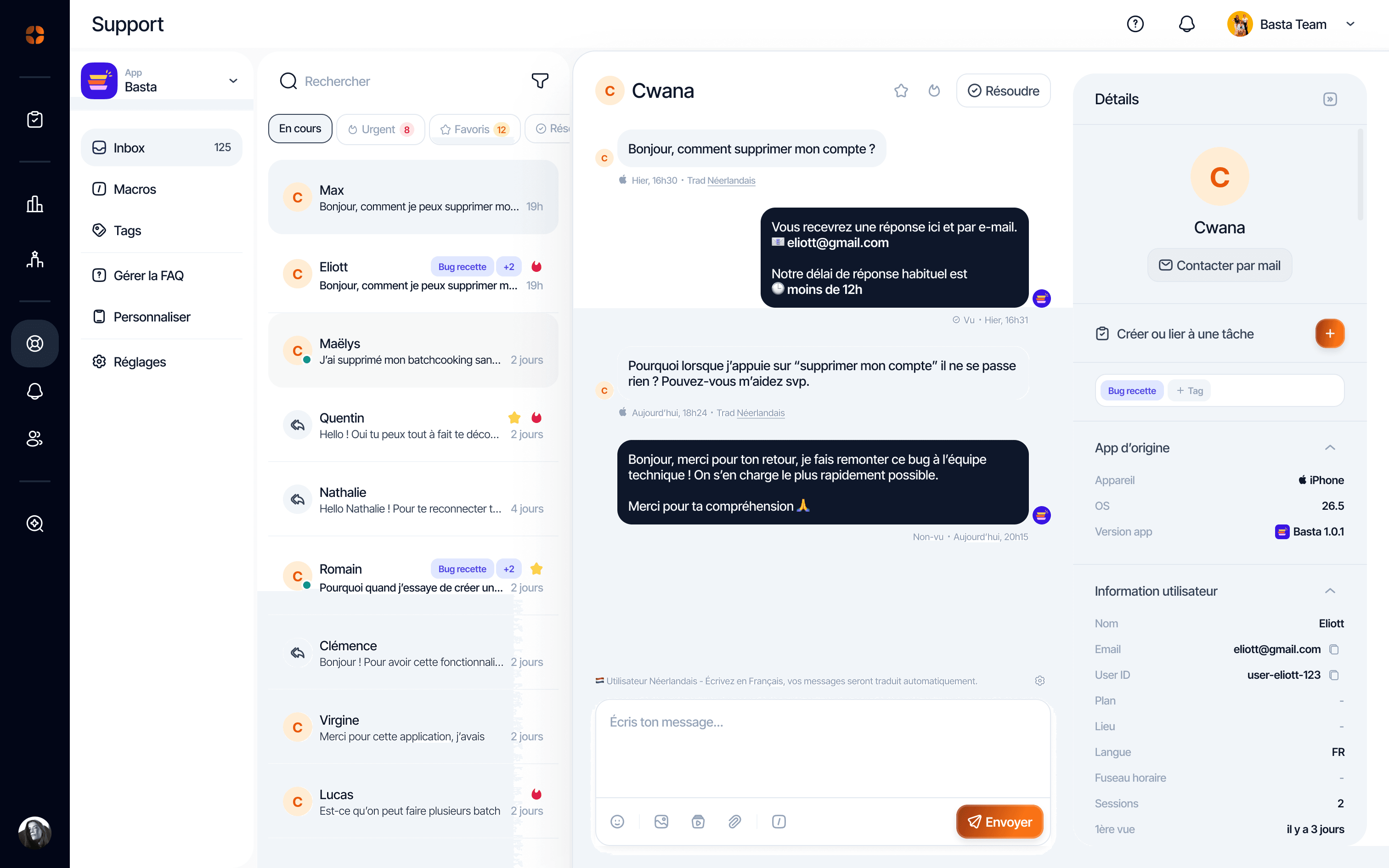 Le module Support d’appwin, avec la liste des conversations et une réponse en cours