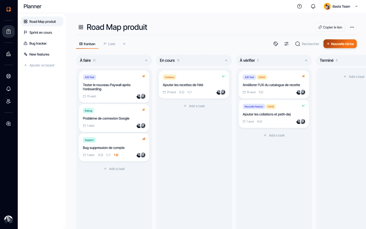 Le module Planner d’appwin, avec une roadmap produit répartie en colonnes