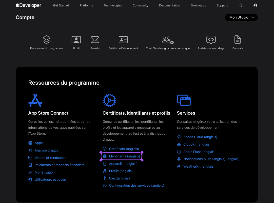 Liste des Identifiers Apple Developer.