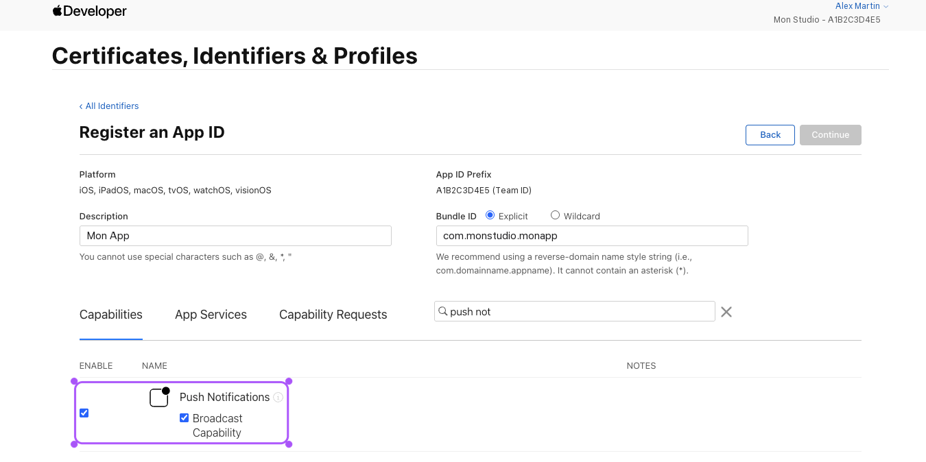 Enabling Push Notifications on an App ID.