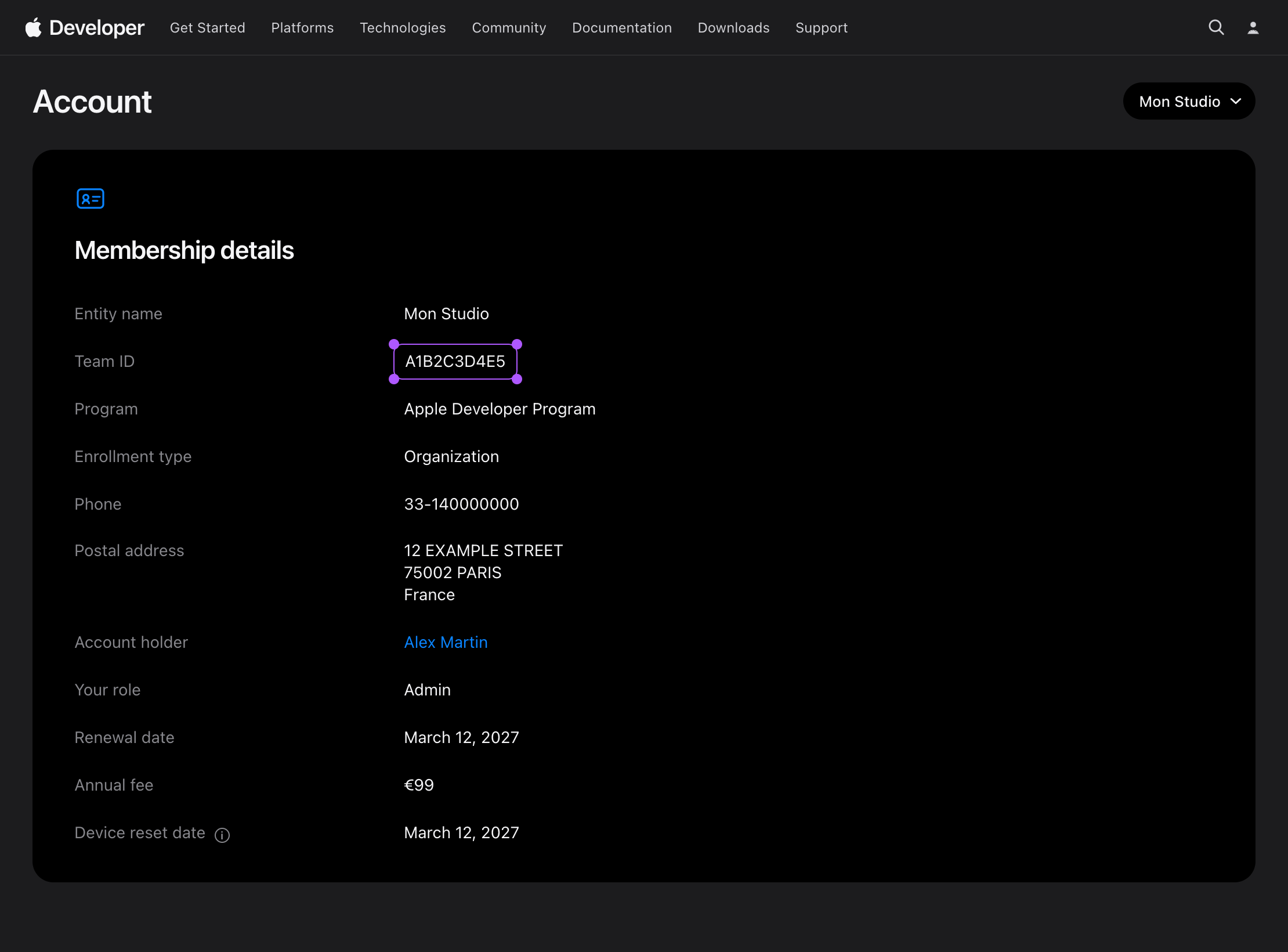 Team ID in Apple Developer membership details.