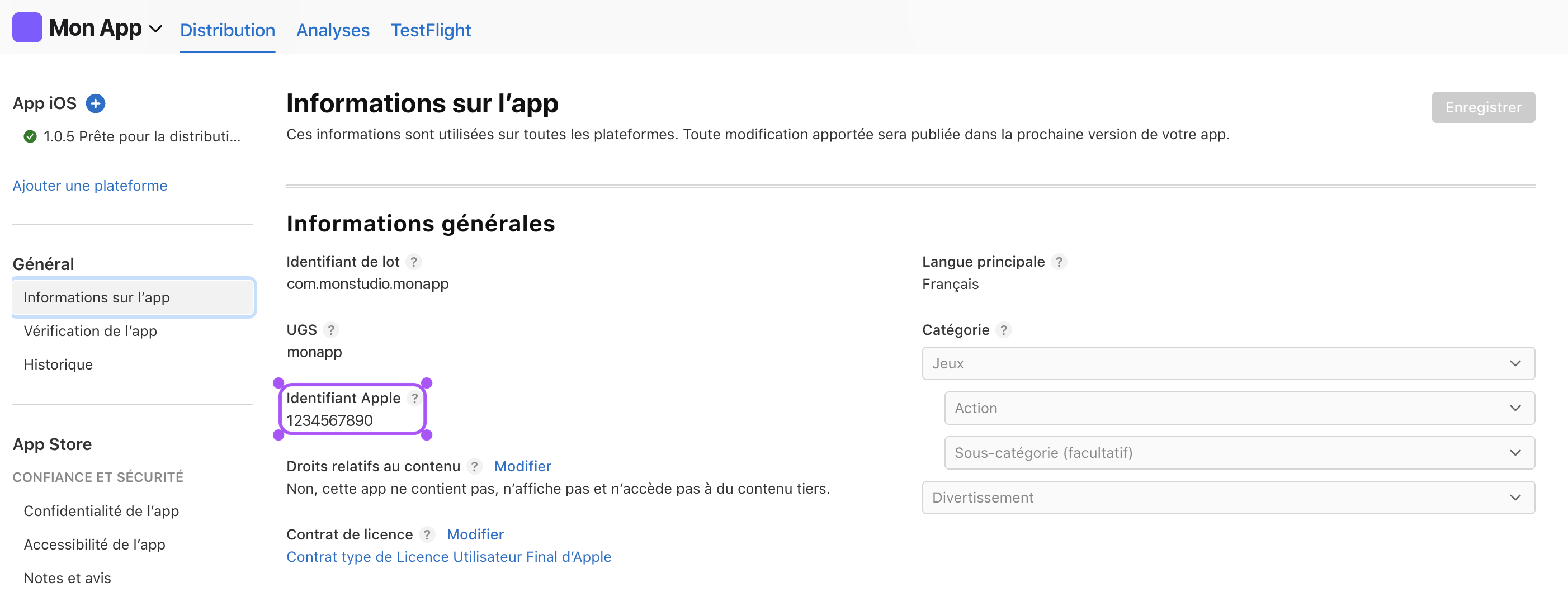 Apple ID (App ID) surligné dans les informations de l'app.