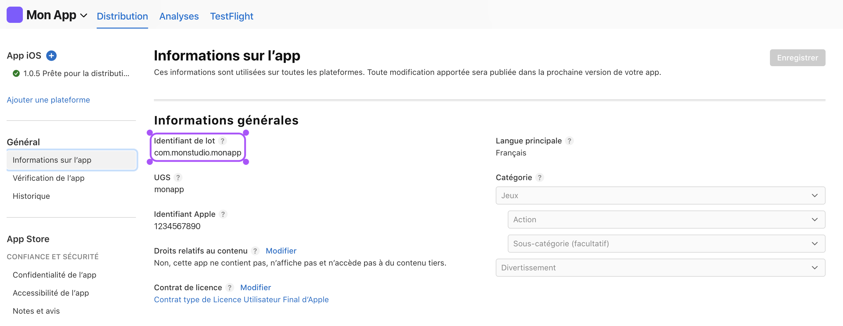 Bundle ID surligné dans les informations de l'app.