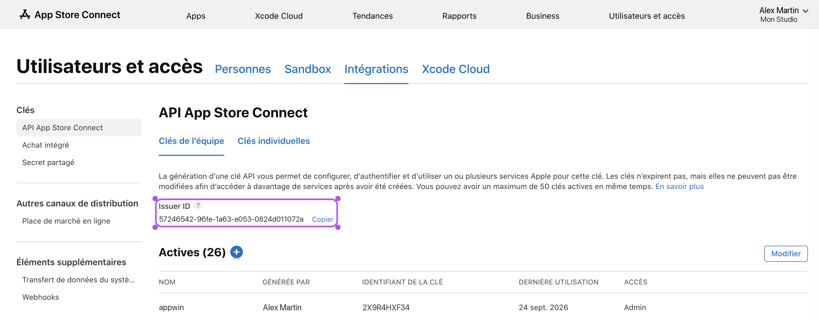 Issuer ID surligné au-dessus de la liste des clés API.