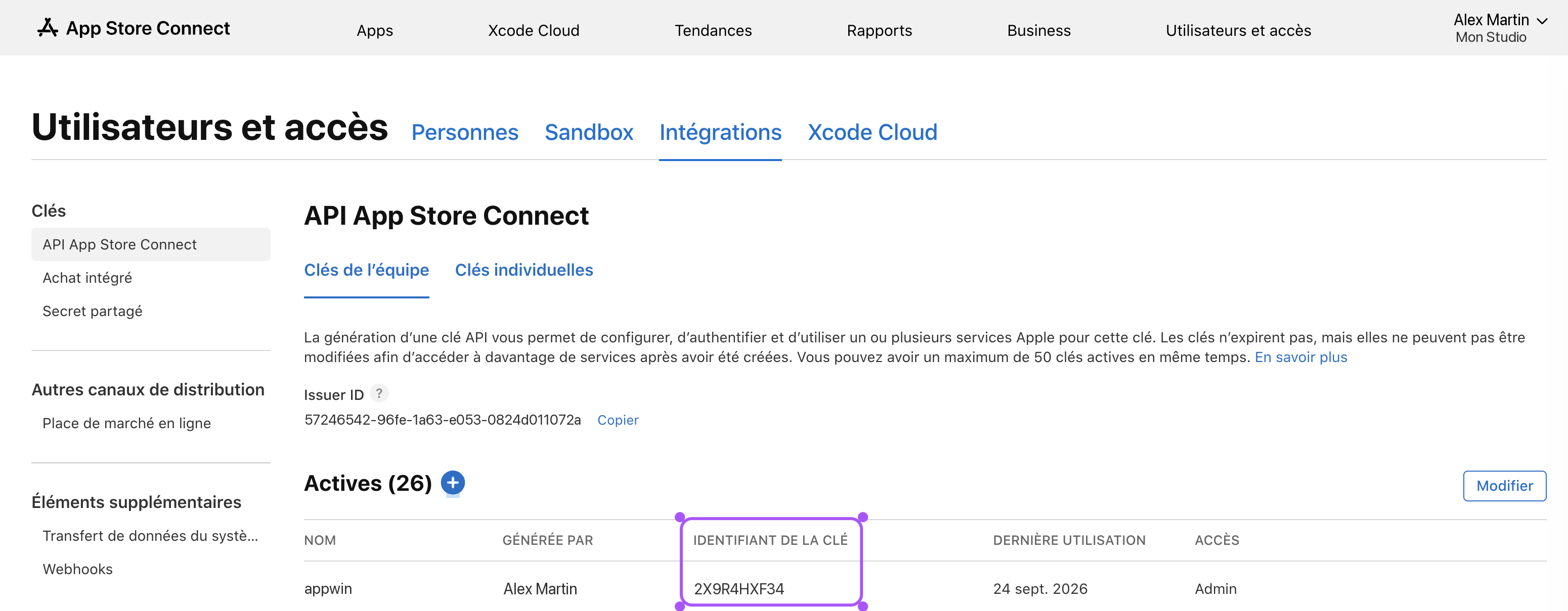Key ID surligné dans le tableau des clés API.