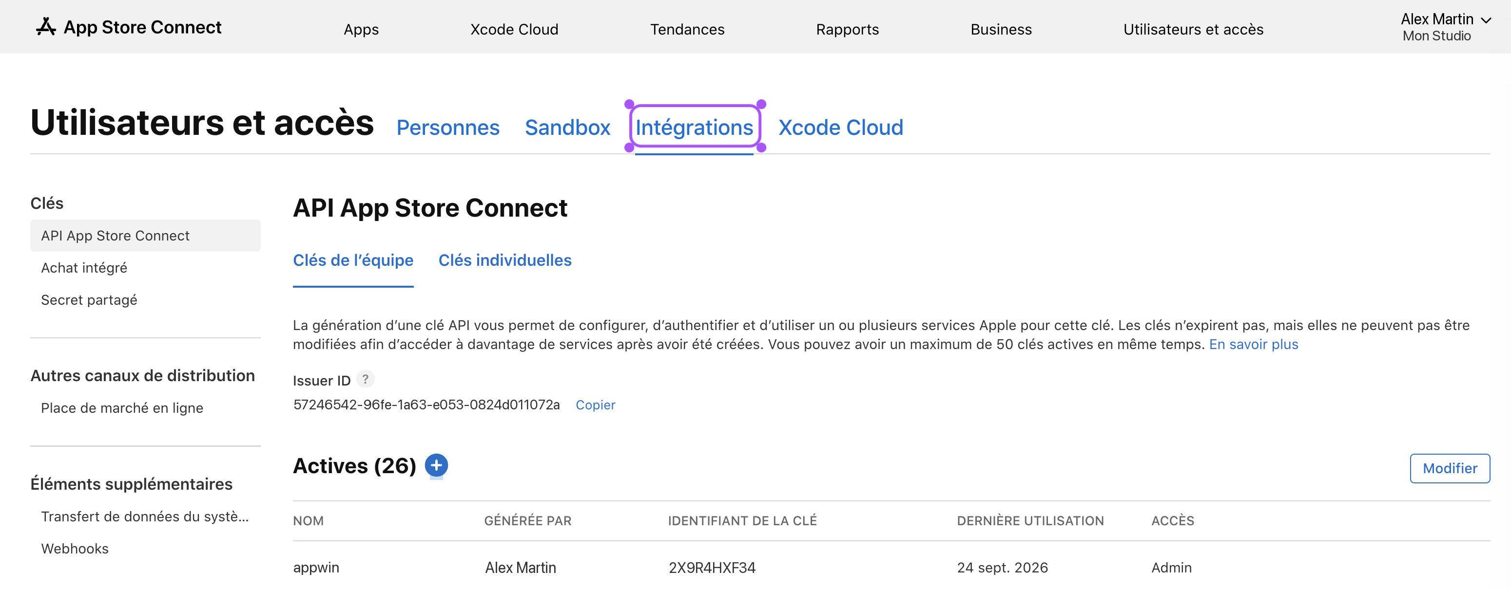 Onglet Intégrations d'App Store Connect, section API.
