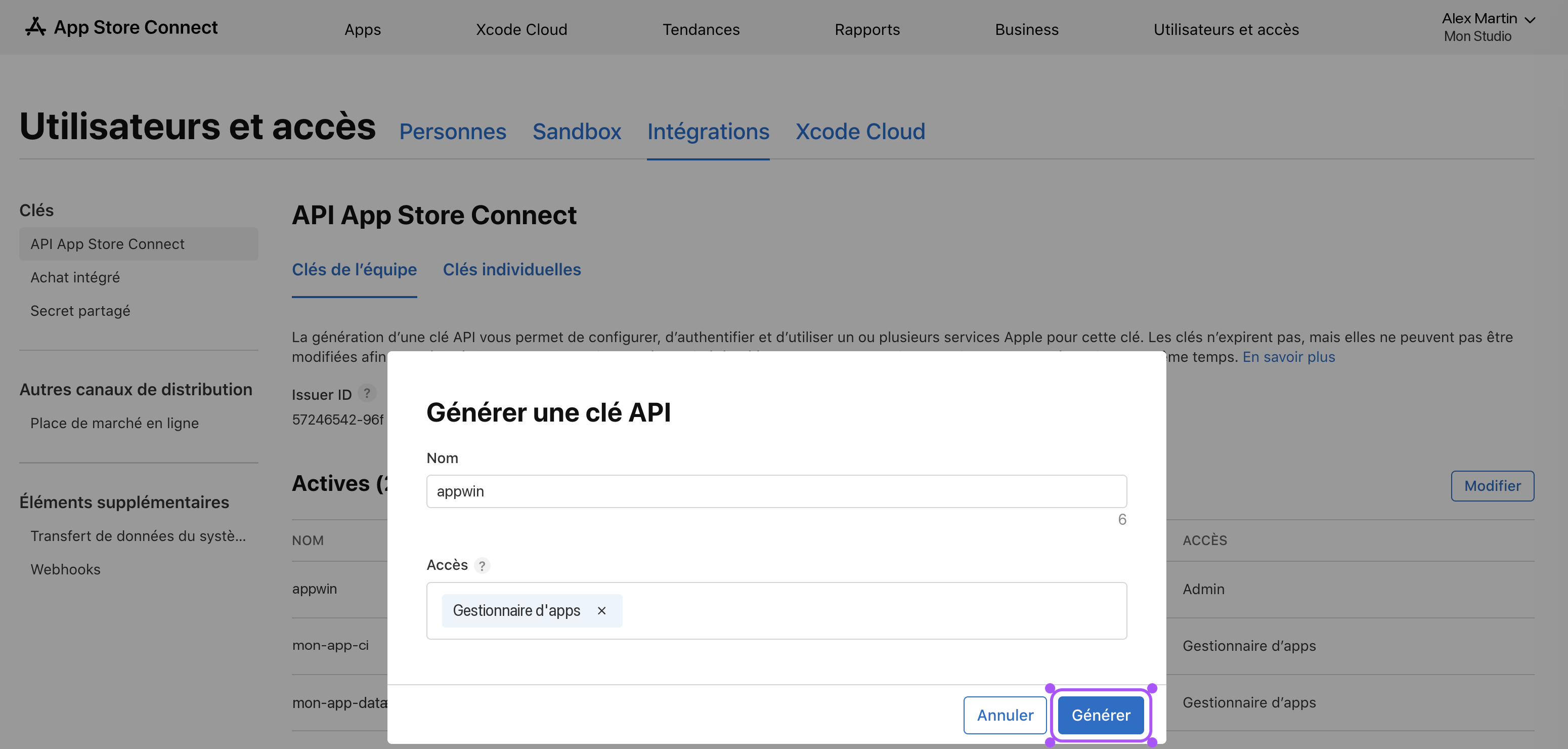 Création d'une clé API App Store Connect.