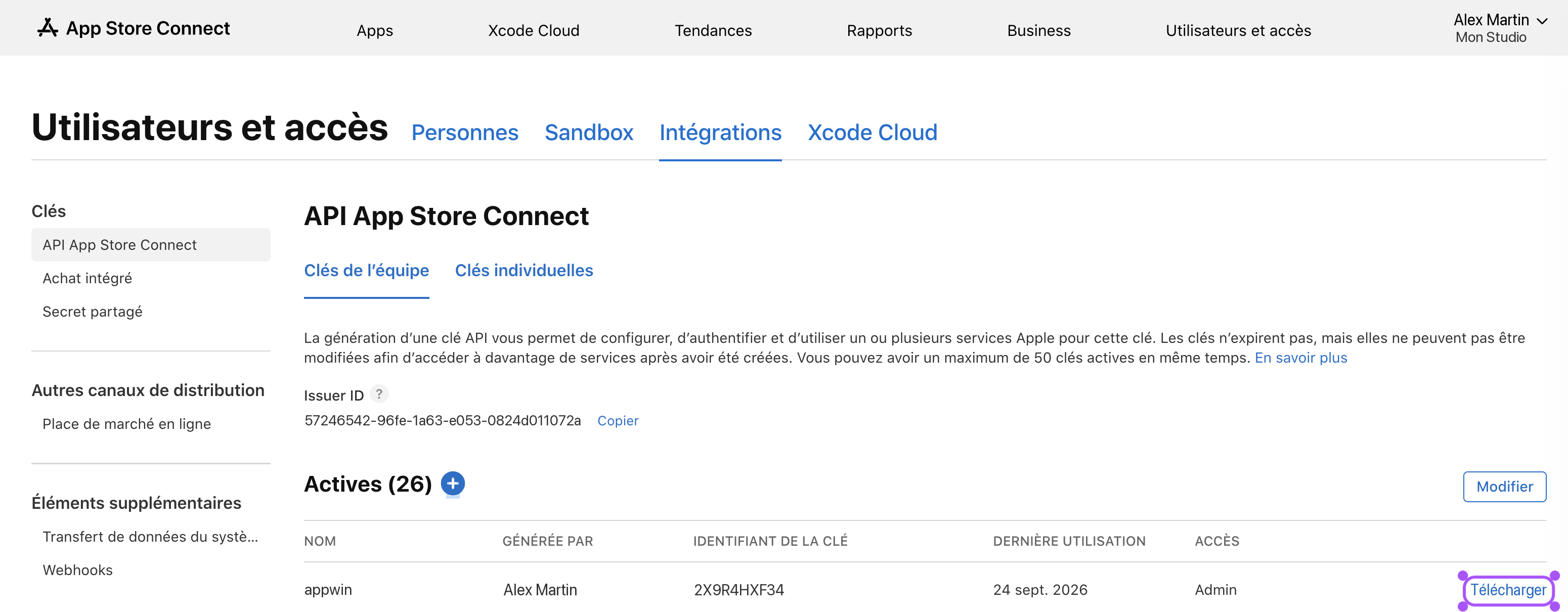 Téléchargement du fichier .p8 de la clé API.