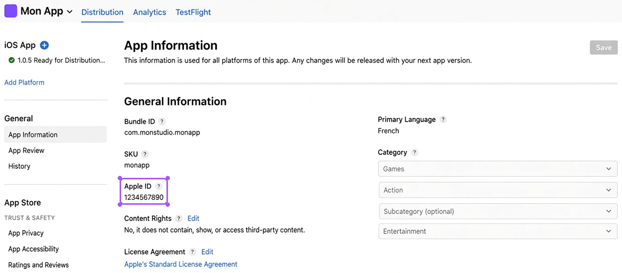 Apple ID (App ID) highlighted in app information.