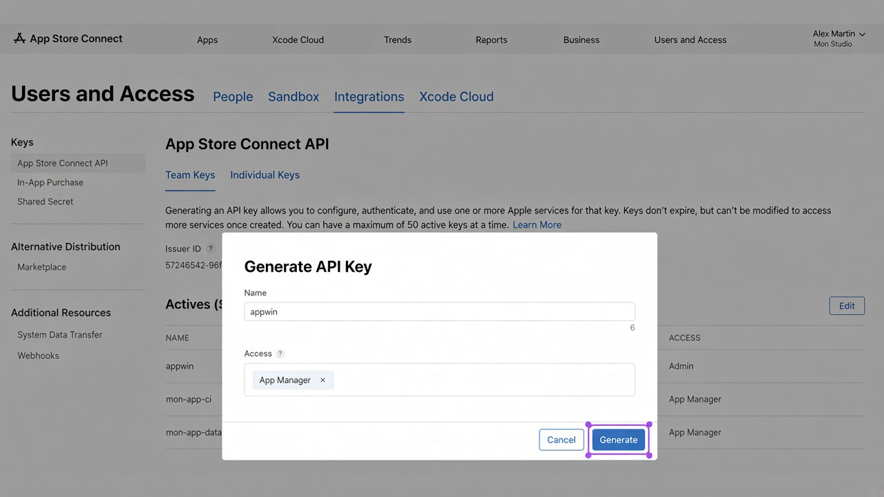 Creating an App Store Connect API key.