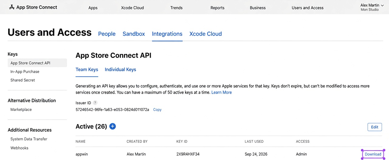 Downloading the API key .p8 file.