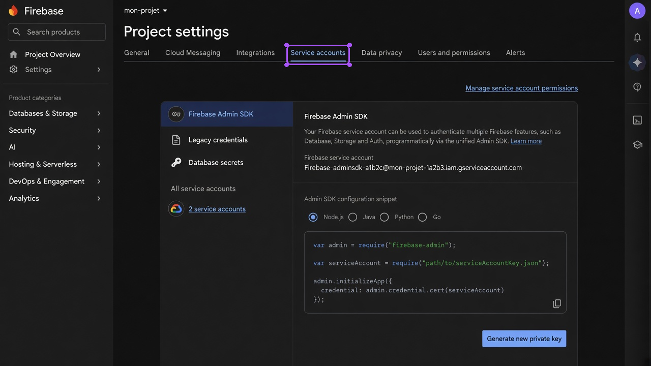 Service accounts tab in Firebase.