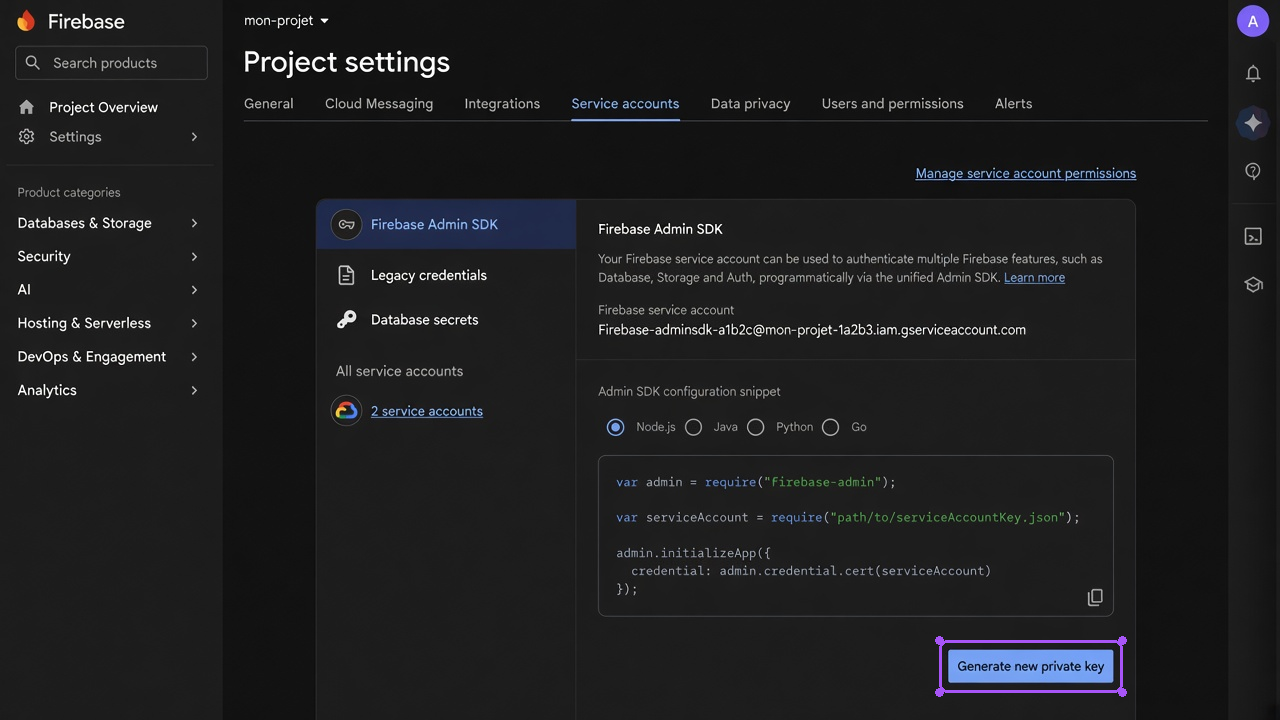 Generating a Firebase service account private key.