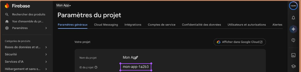 ID du projet Firebase dans Paramètres → Général.