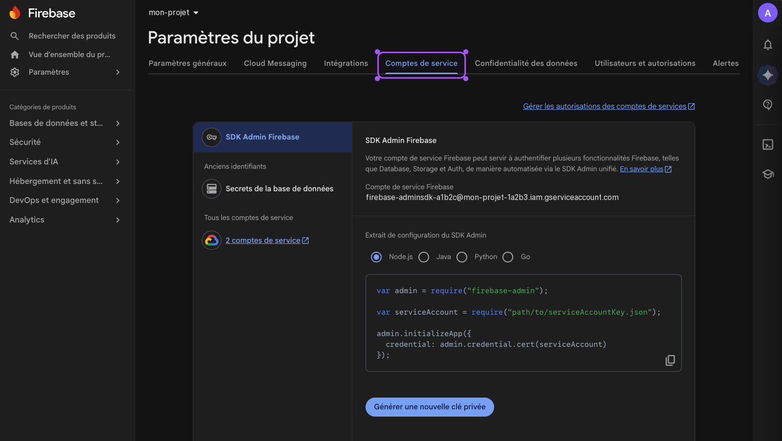 Onglet Comptes de service dans Firebase.