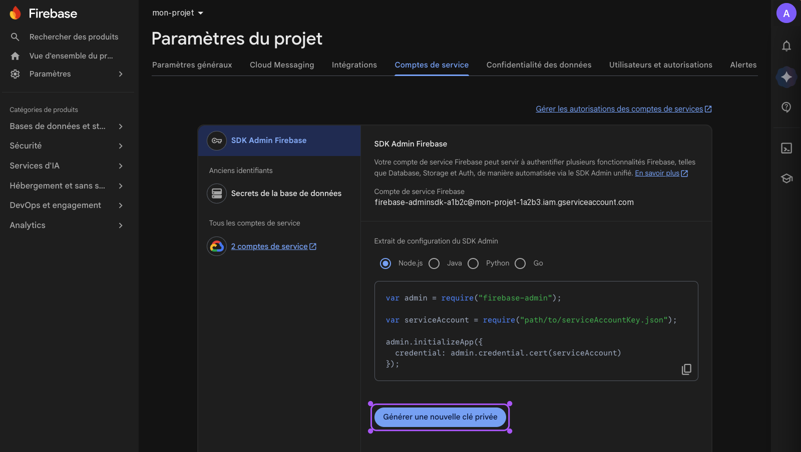 Génération d'une clé privée de compte de service Firebase.