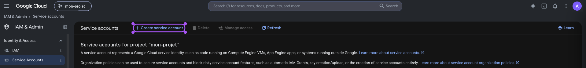 Creating a service account in Google Cloud.