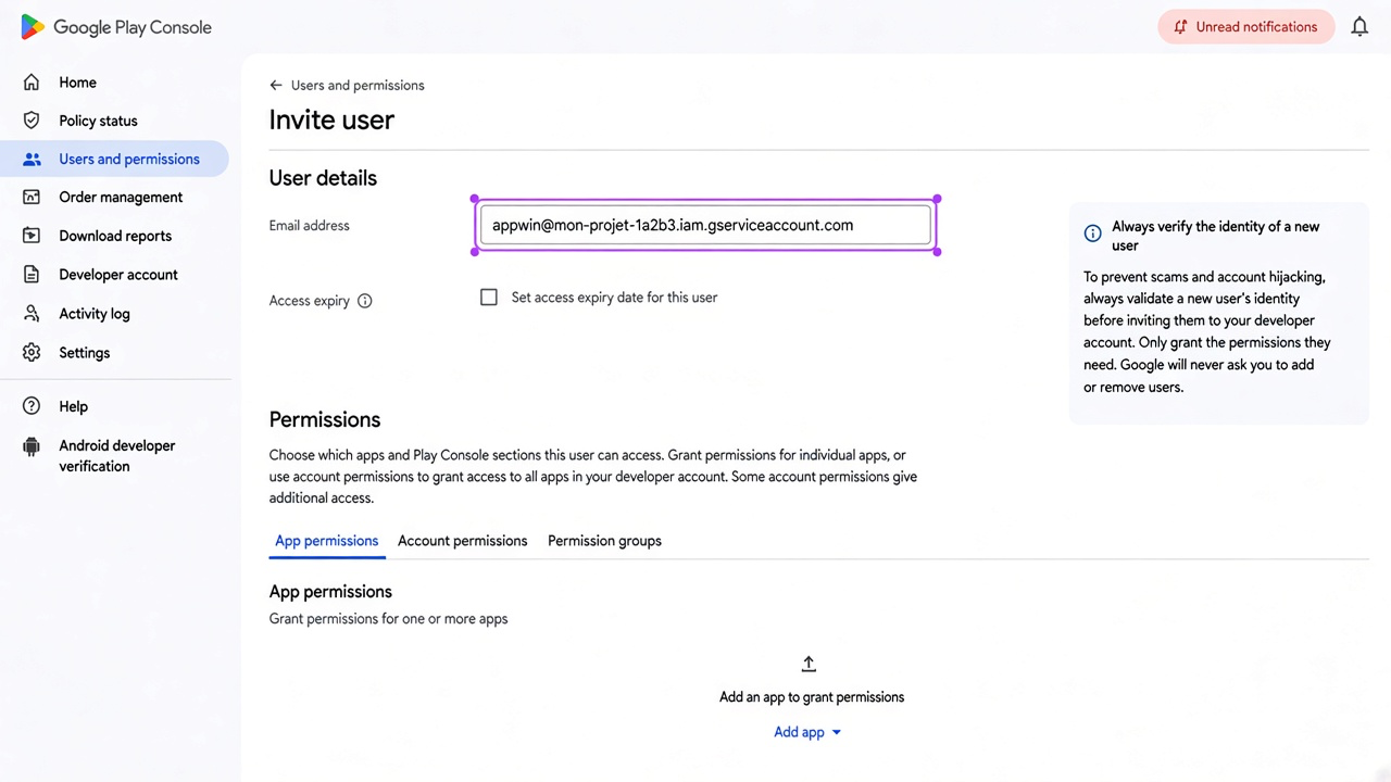 Inviting the service account in Play Console.