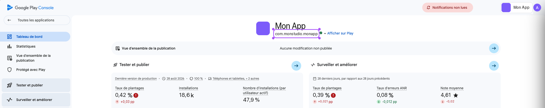 Tableau de bord Play Console avec le package name sous le titre de l'app.