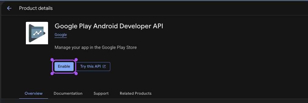 Activation de Google Play Android Developer API dans Google Cloud.