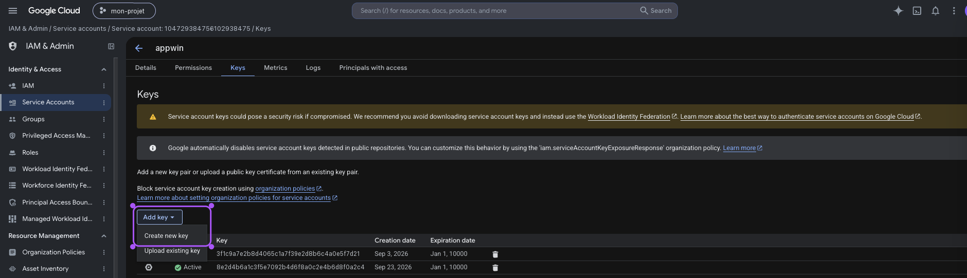 Création d'une clé JSON pour le compte de service.