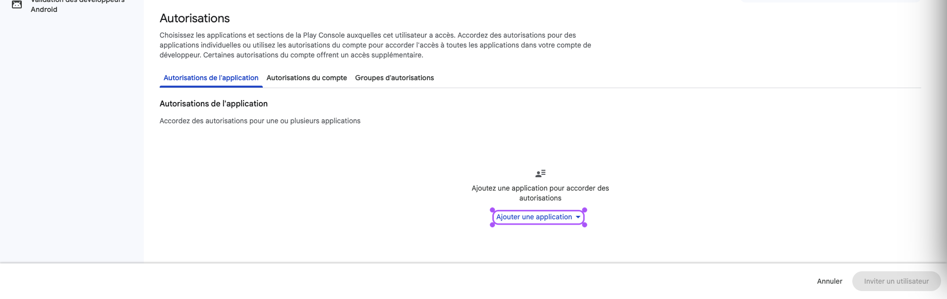 Ajout de l'app dans les autorisations du compte de service.