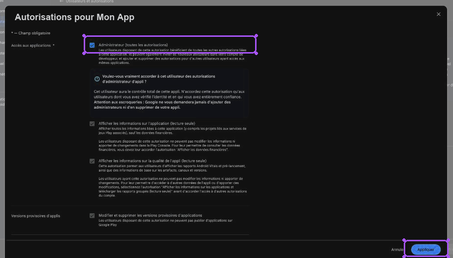 Choix des permissions Play pour le compte de service.