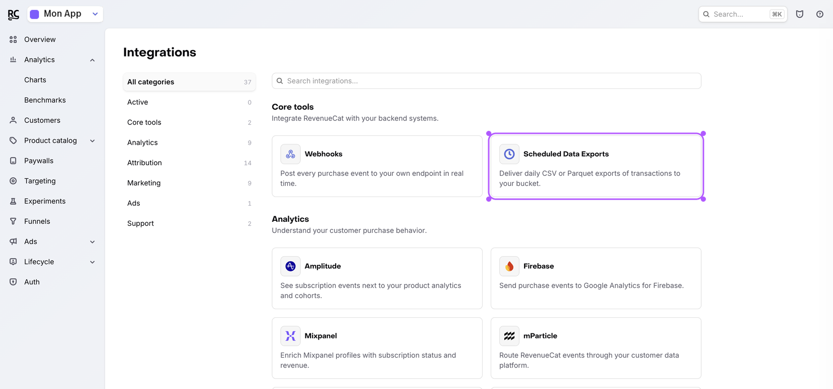 RevenueCat Integrations page with the Scheduled Data Exports card highlighted.