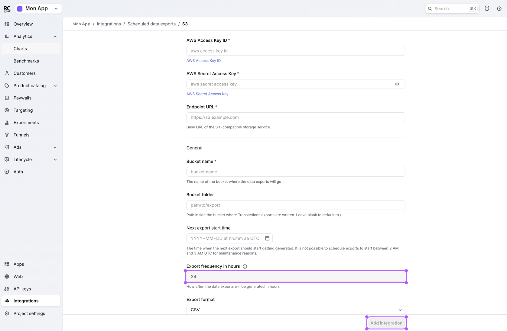 Bottom of the S3 form: schedule, CSV format, Add integration button.