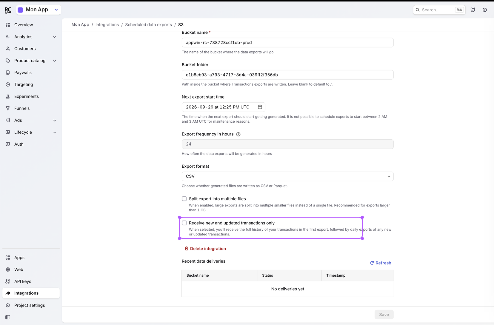 Receive new and updated transactions only checkbox, left unchecked.