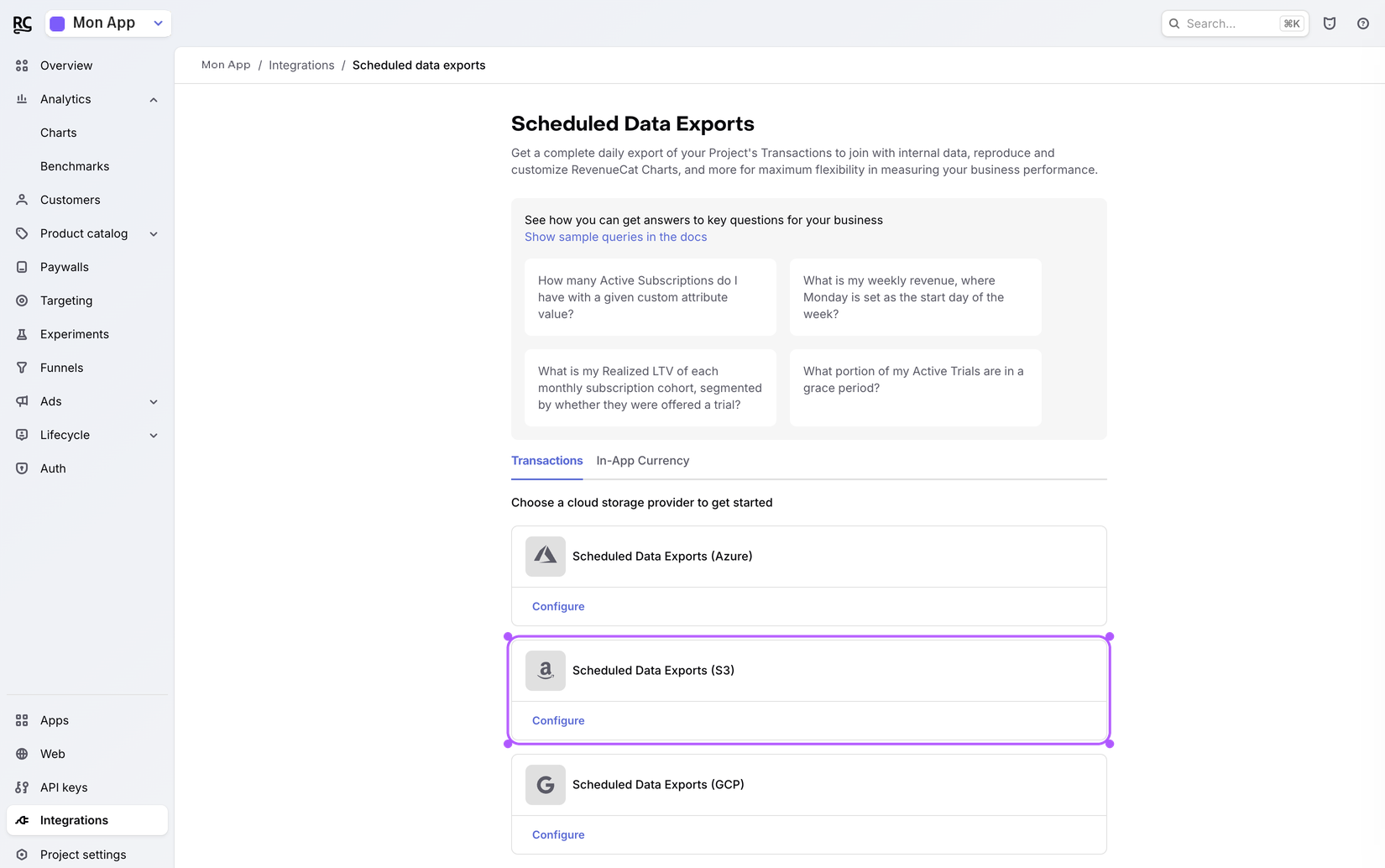 Choix du fournisseur Scheduled Data Exports, option S3.