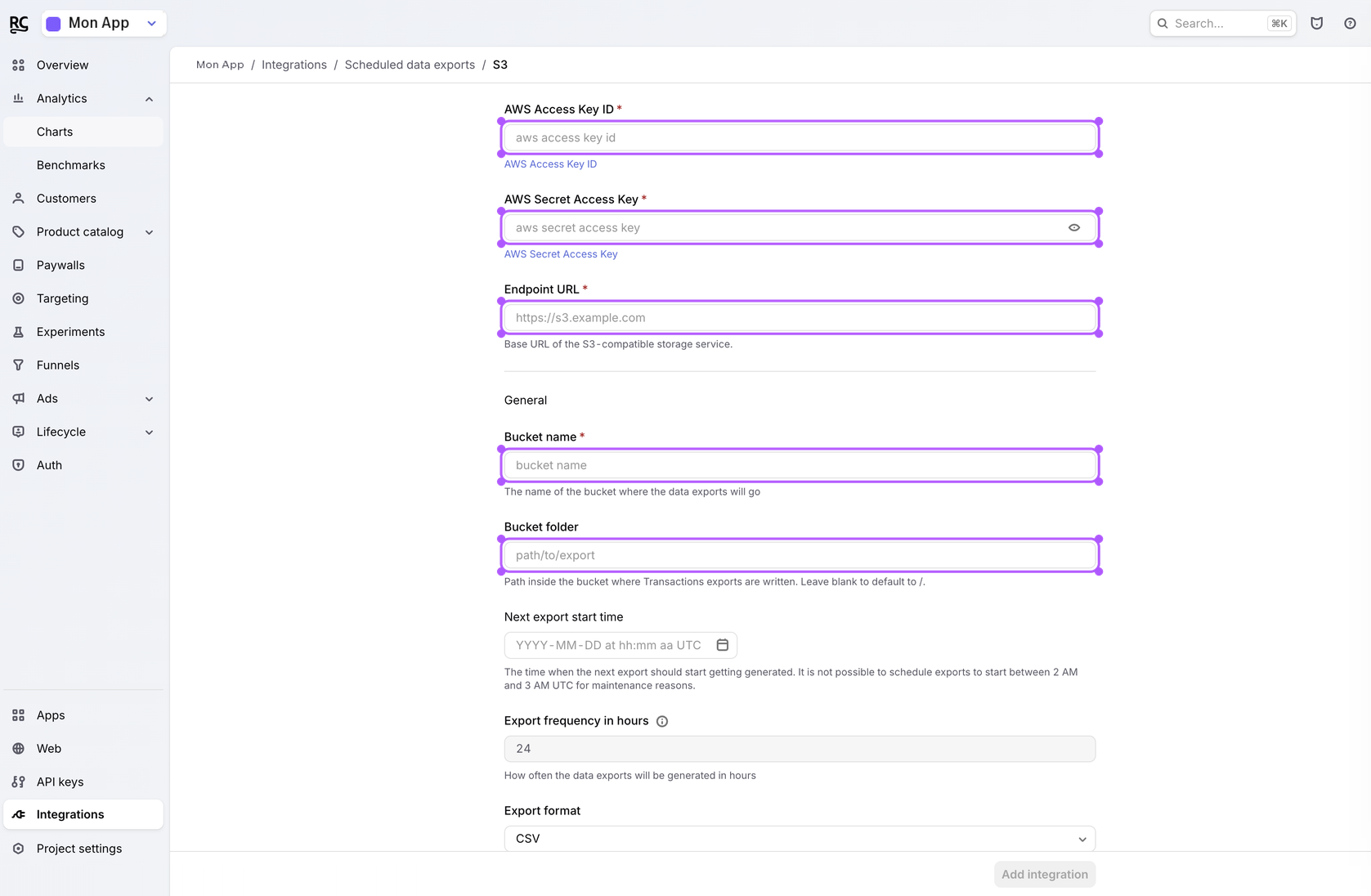 Formulaire S3 RevenueCat : clés, endpoint, bucket et folder.