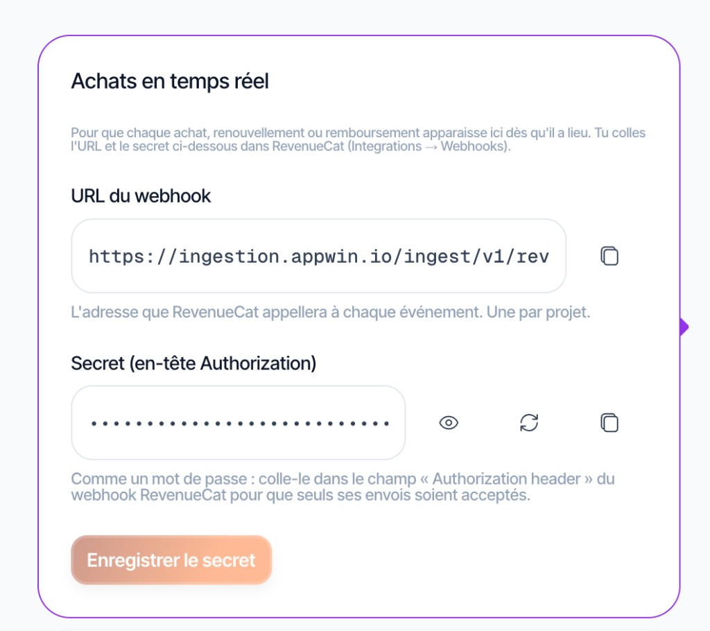 Carte Appwin avec URL et secret du webhook RevenueCat.