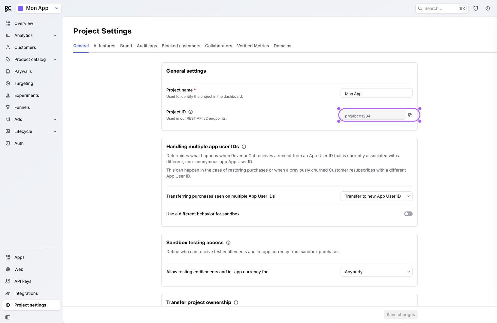 Project settings RevenueCat, champ Project ID.