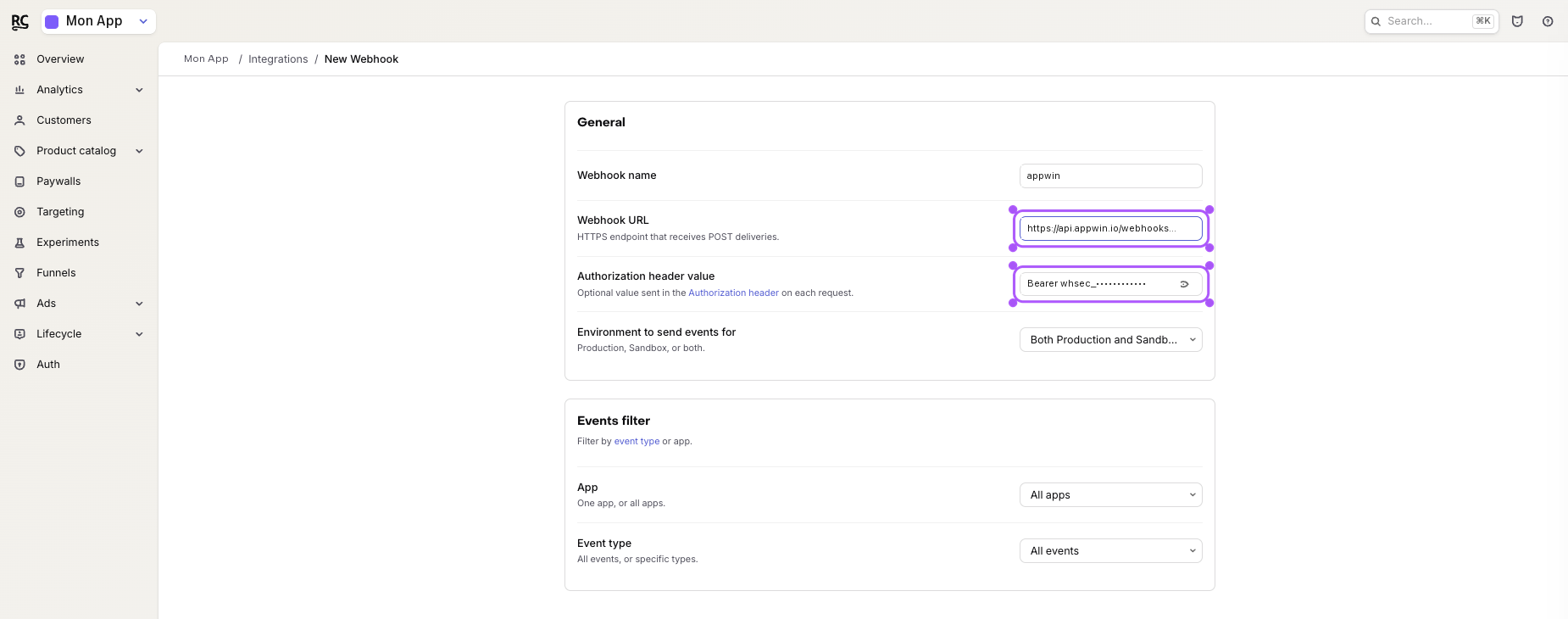 Écran de configuration d'un webhook RevenueCat.