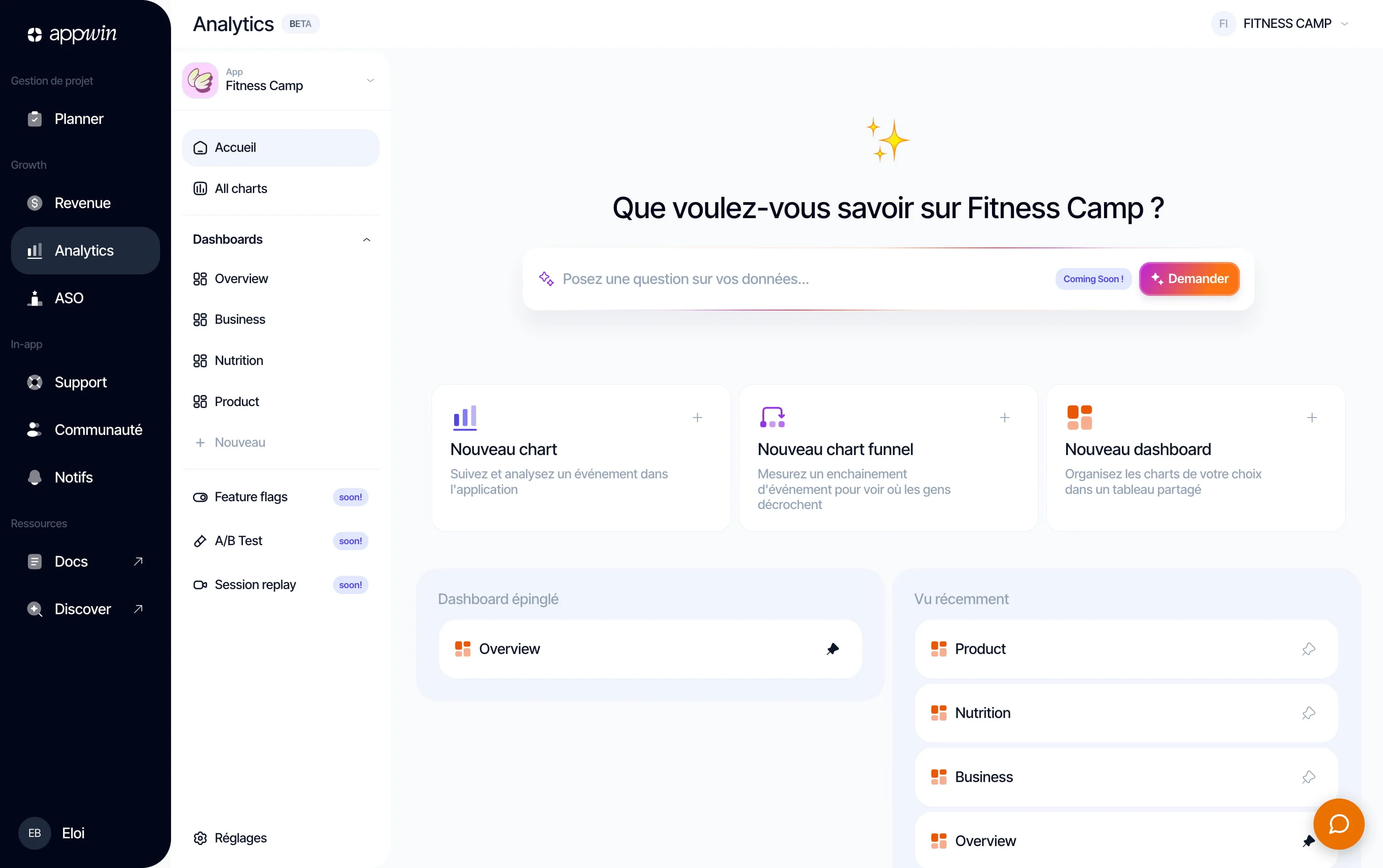 Accueil Analytics du dashboard Appwin avec les raccourcis de création, les tableaux de bord épinglés et les tableaux de bord vus récemment.